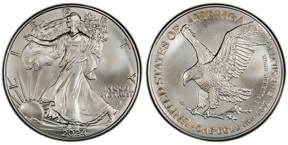 2024 Silver Dollar coins including American Silver Eagle and Morgan Dollar obverse and reverse