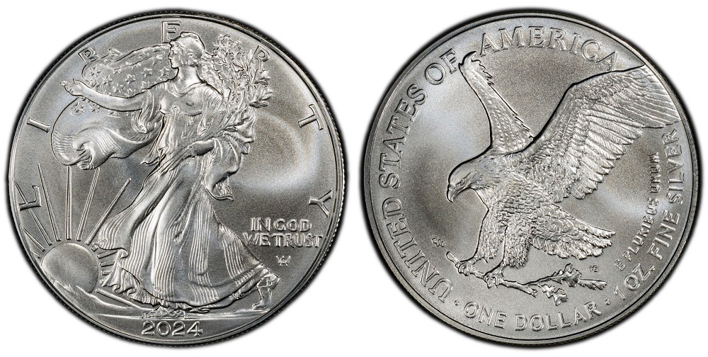 Side-by-side comparison of 2024 Silver Eagle MS69 near-perfect vs MS70 perfect grade coin surfaces under magnification