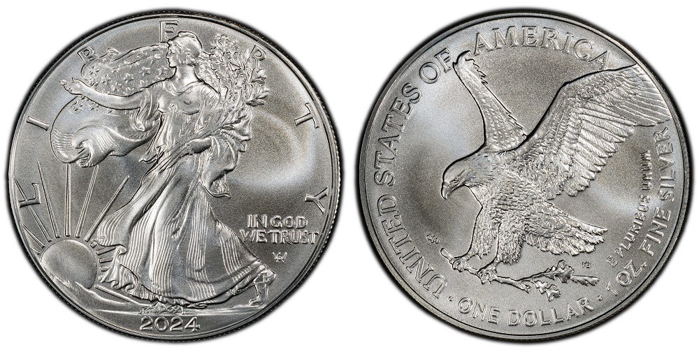 Standard 2024 American Silver Eagle bullion coin obverse showing Walking Liberty design without mint mark
